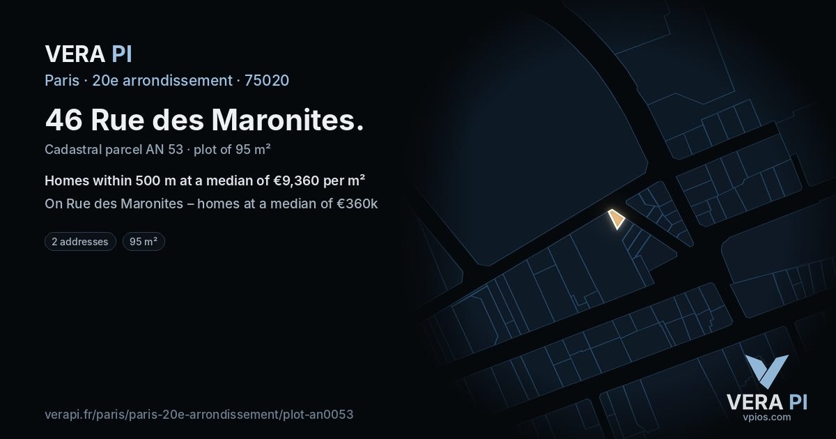 46 Rue des Maronites, 20e arrondissement at night – the plot lit, the parcels around coloured by the prices near them