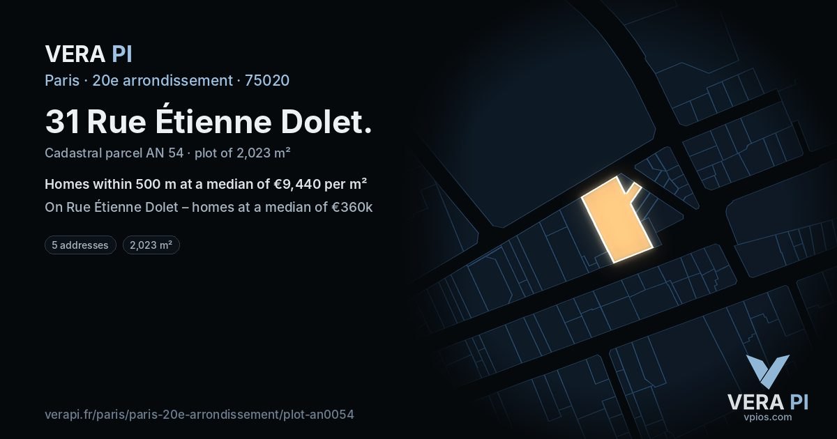 31 Rue Étienne Dolet, 20e arrondissement at night – the plot lit, the parcels around coloured by the prices near them