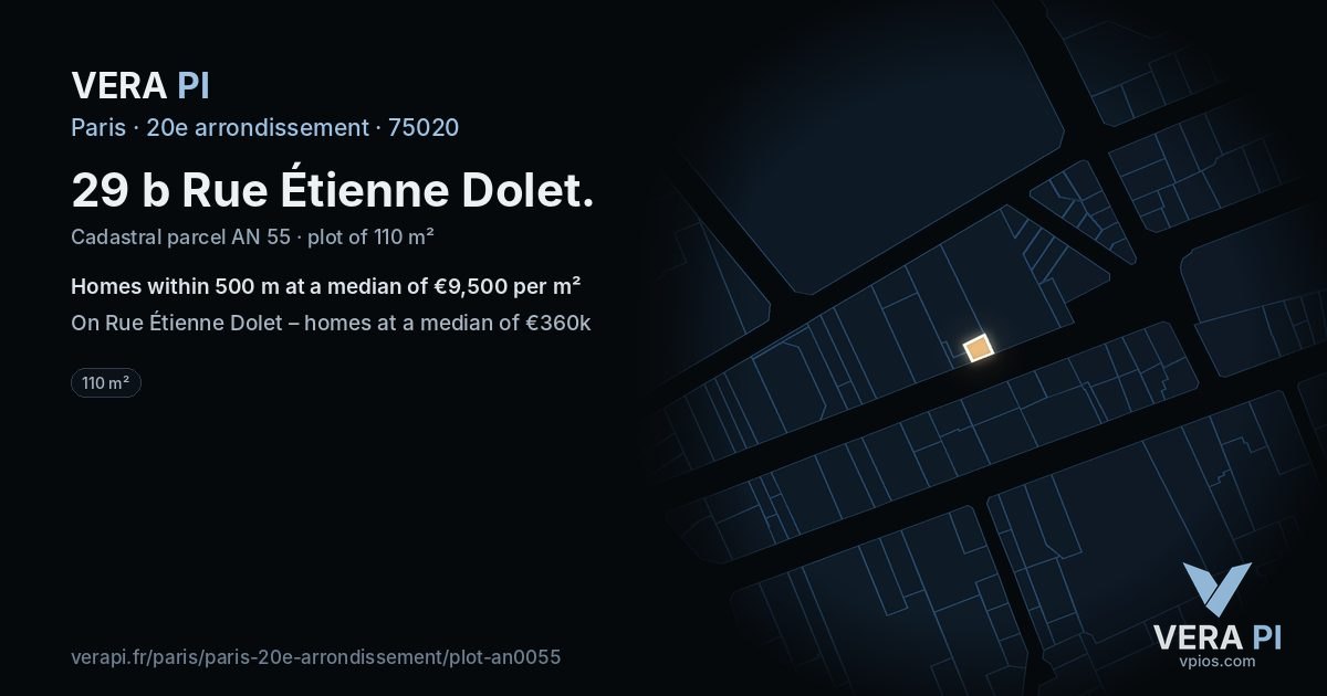29 b Rue Étienne Dolet, 20e arrondissement at night – the plot lit, the parcels around coloured by the prices near them