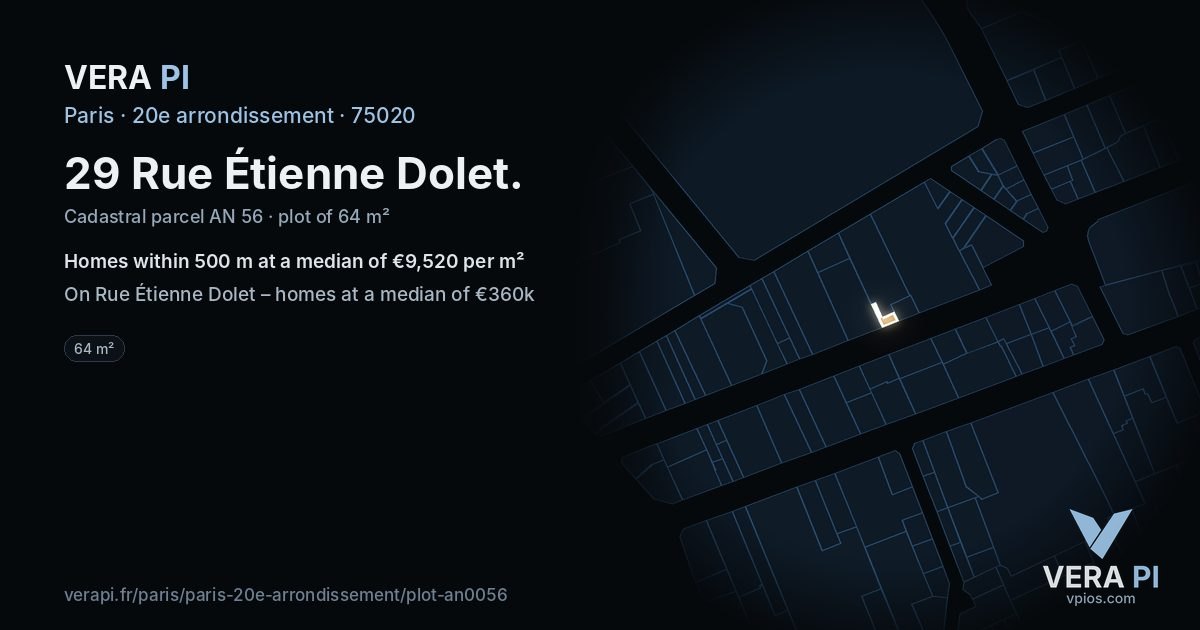 29 Rue Étienne Dolet, 20e arrondissement at night – the plot lit, the parcels around coloured by the prices near them