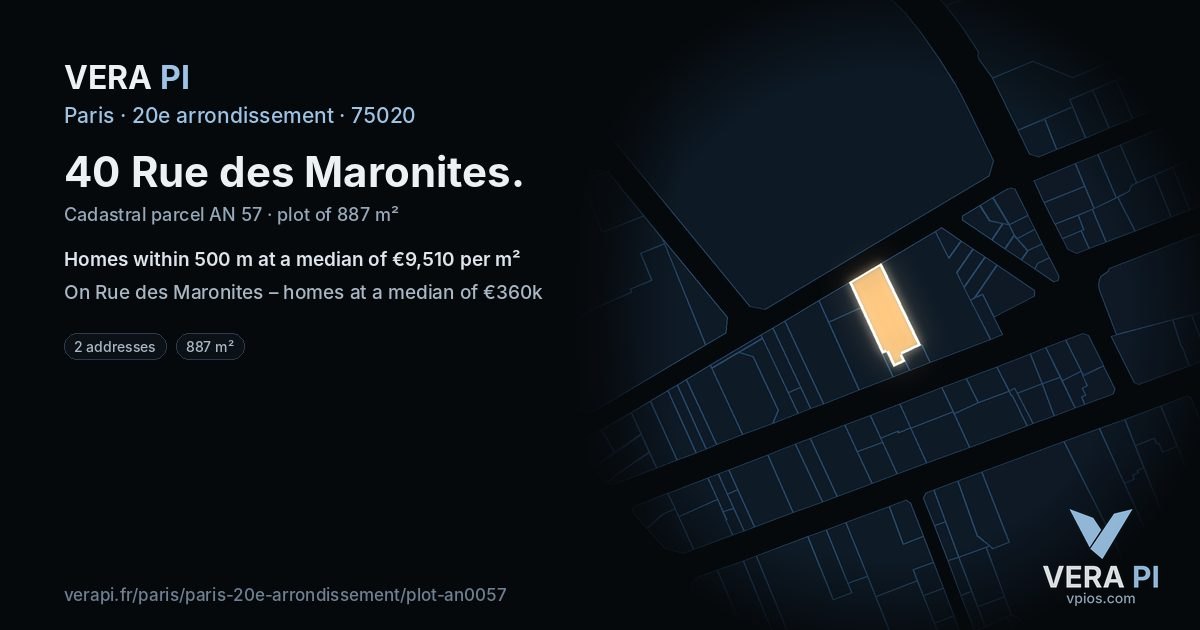 40 Rue des Maronites, 20e arrondissement at night – the plot lit, the parcels around coloured by the prices near them