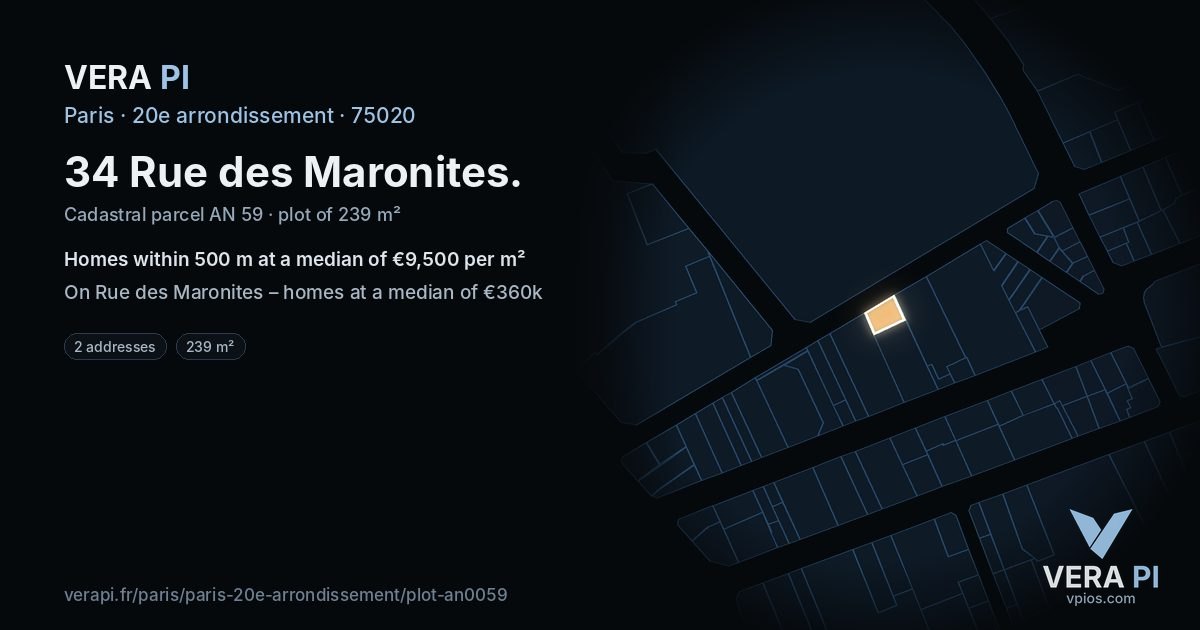 34 Rue des Maronites, 20e arrondissement at night – the plot lit, the parcels around coloured by the prices near them