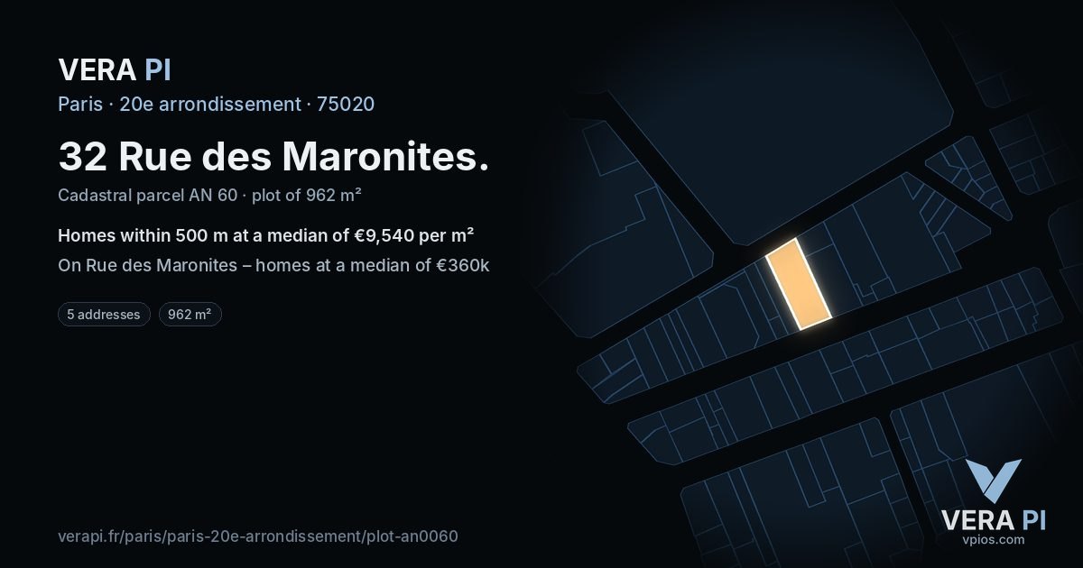 32 Rue des Maronites, 20e arrondissement at night – the plot lit, the parcels around coloured by the prices near them