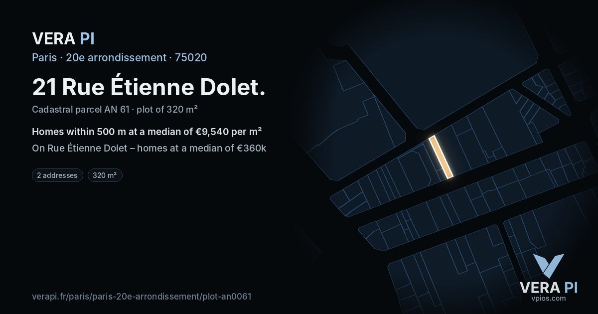 21 Rue Étienne Dolet, 20e arrondissement at night – the plot lit, the parcels around coloured by the prices near them