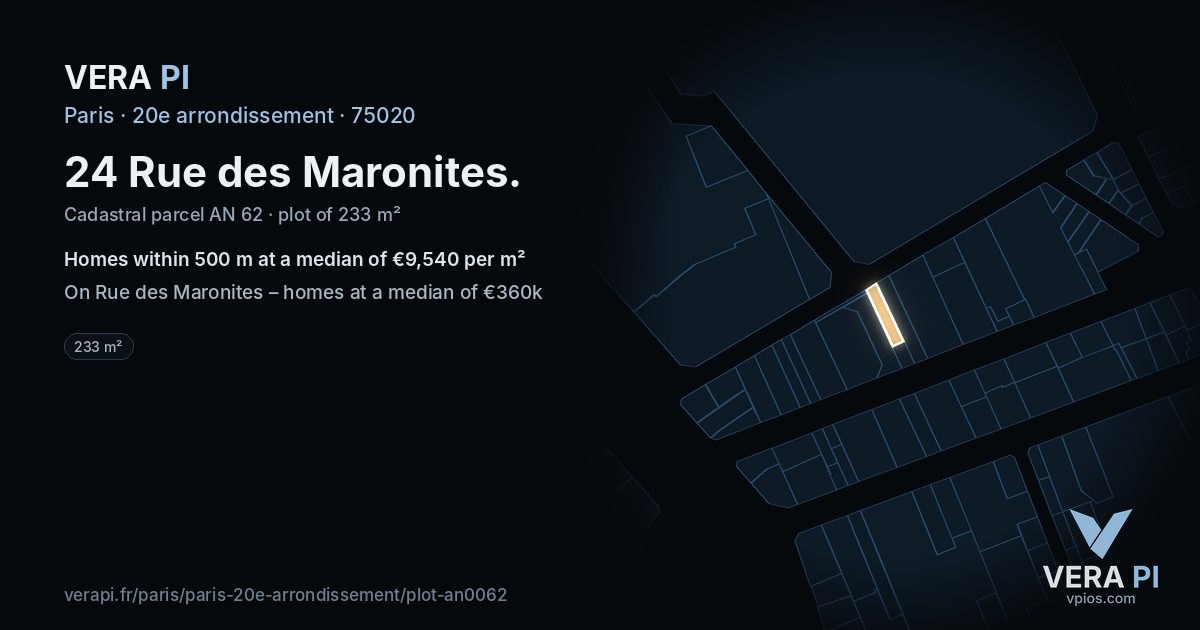 24 Rue des Maronites, 20e arrondissement at night – the plot lit, the parcels around coloured by the prices near them