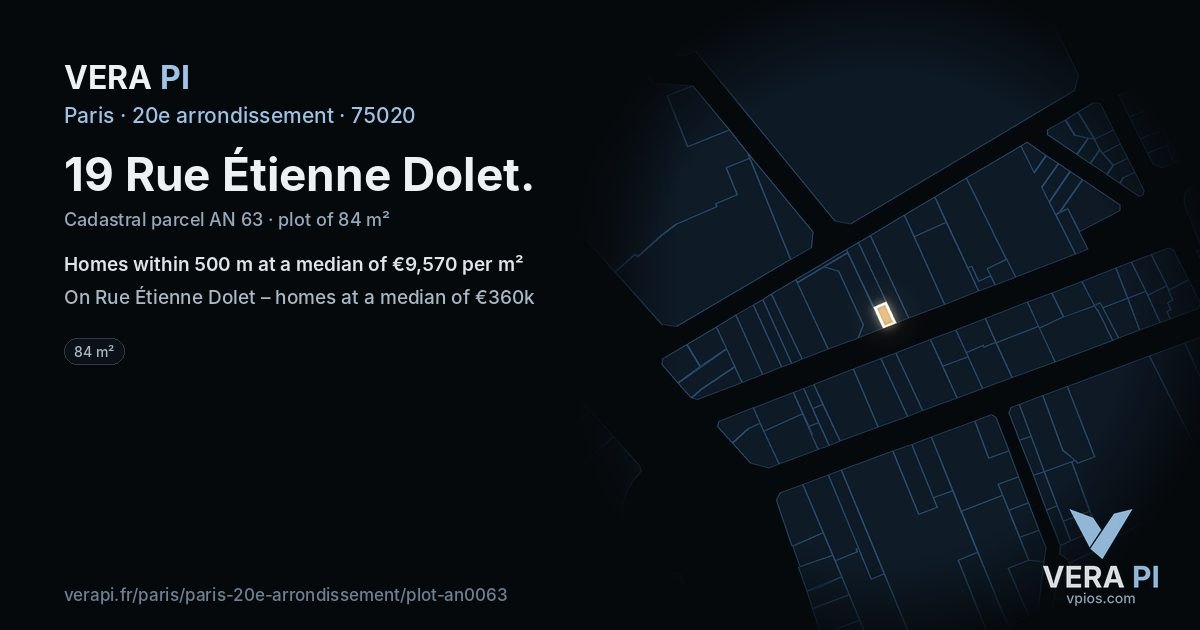 19 Rue Étienne Dolet, 20e arrondissement at night – the plot lit, the parcels around coloured by the prices near them
