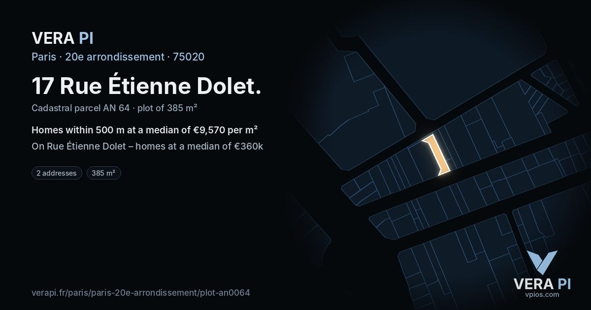 17 Rue Étienne Dolet, 20e arrondissement at night – the plot lit, the parcels around coloured by the prices near them