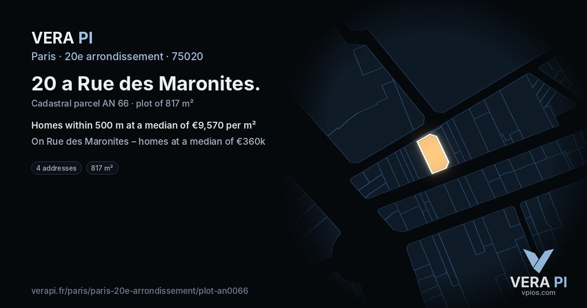 20 a Rue des Maronites, 20e arrondissement at night – the plot lit, the parcels around coloured by the prices near them