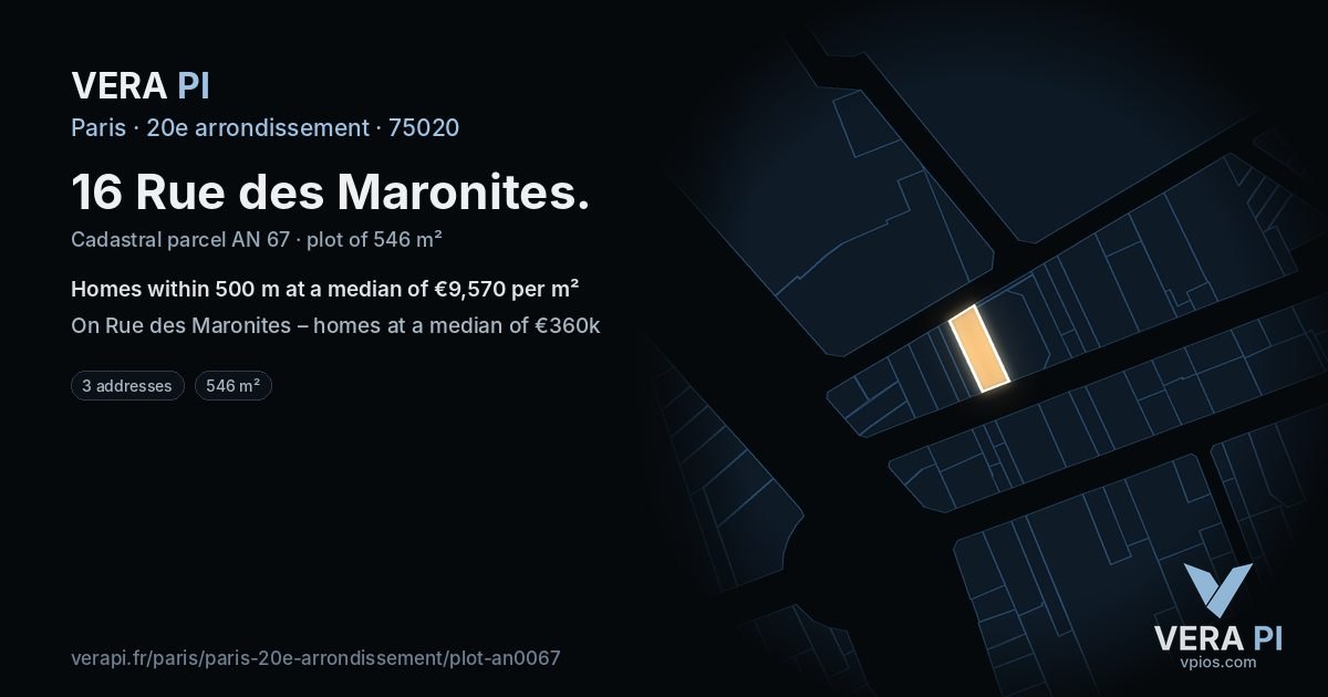 16 Rue des Maronites, 20e arrondissement at night – the plot lit, the parcels around coloured by the prices near them