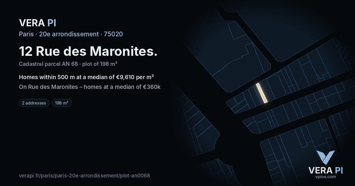 12 Rue des Maronites, 20e arrondissement at night – the plot lit, the parcels around coloured by the prices near them