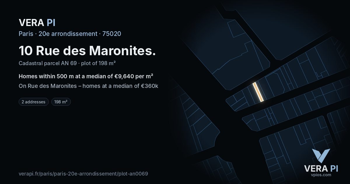 10 Rue des Maronites, 20e arrondissement at night – the plot lit, the parcels around coloured by the prices near them