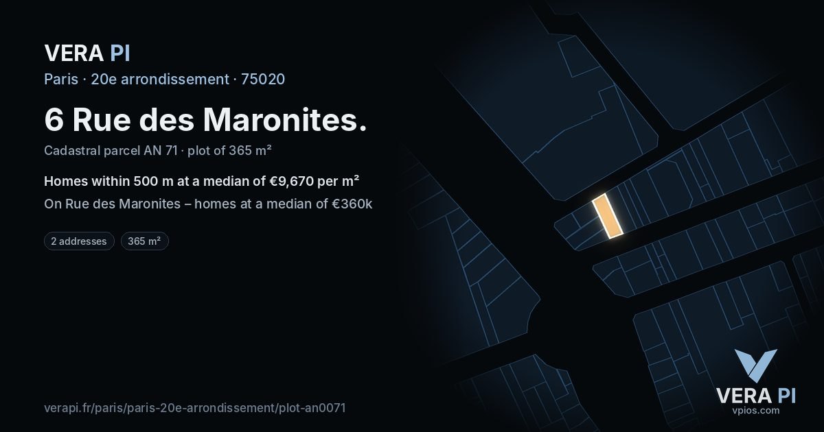6 Rue des Maronites, 20e arrondissement at night – the plot lit, the parcels around coloured by the prices near them