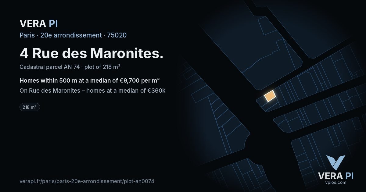 4 Rue des Maronites, 20e arrondissement at night – the plot lit, the parcels around coloured by the prices near them