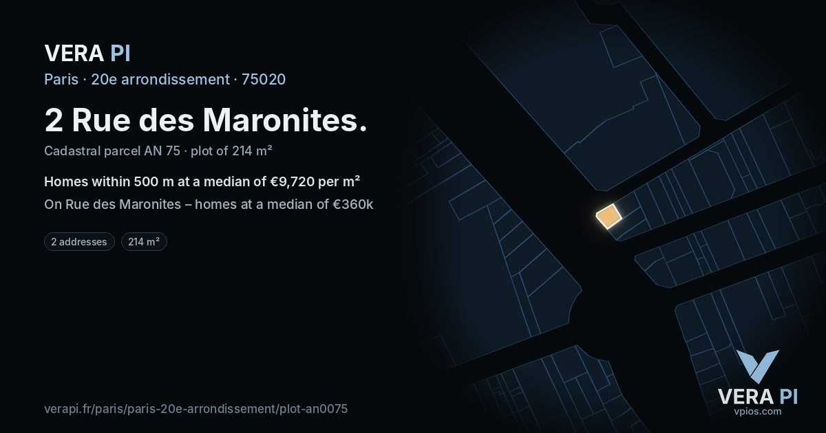 2 Rue des Maronites, 20e arrondissement at night – the plot lit, the parcels around coloured by the prices near them