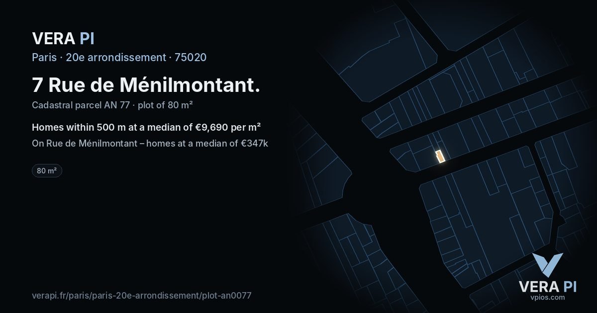 7 Rue de Ménilmontant, 20e arrondissement at night – the plot lit, the parcels around coloured by the prices near them