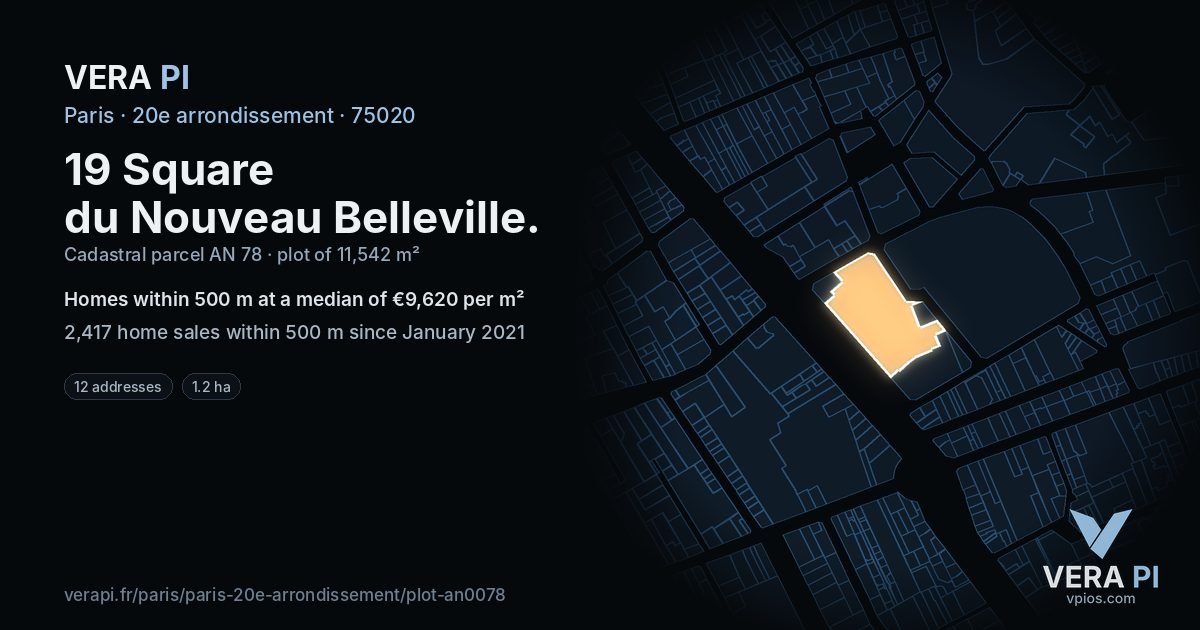 19 Square du Nouveau Belleville, 20e arrondissement at night – the plot lit, the parcels around coloured by the prices near them