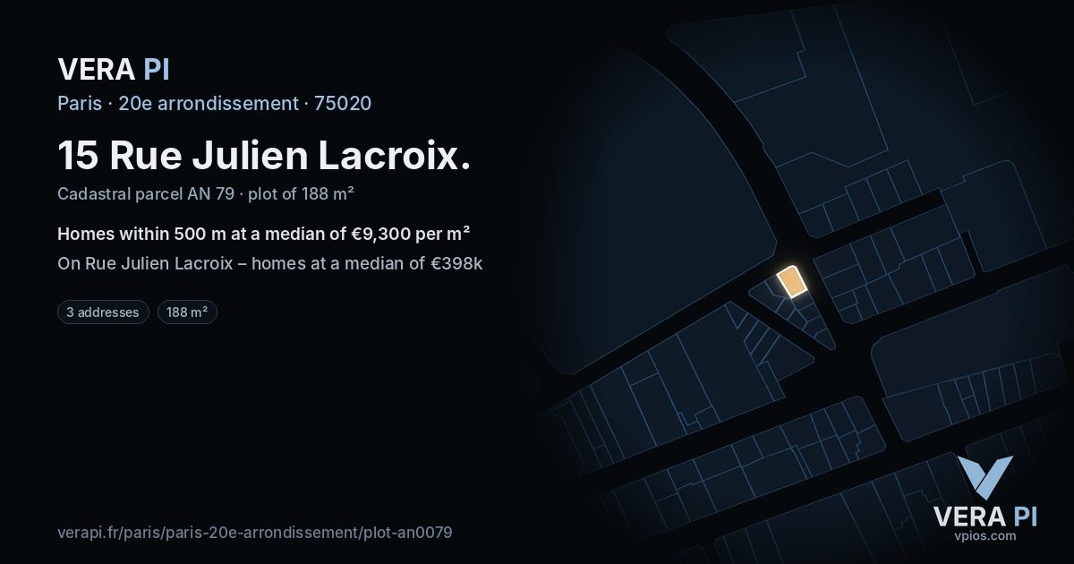 15 Rue Julien Lacroix, 20e arrondissement at night – the plot lit, the parcels around coloured by the prices near them
