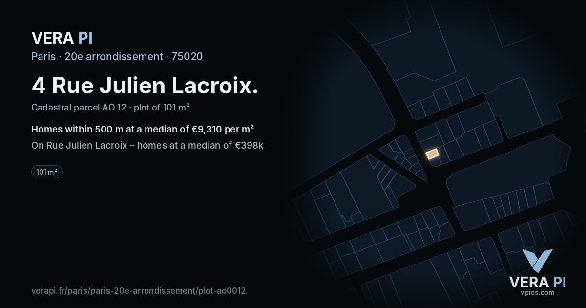 4 Rue Julien Lacroix, 20e arrondissement at night – the plot lit, the parcels around coloured by the prices near them
