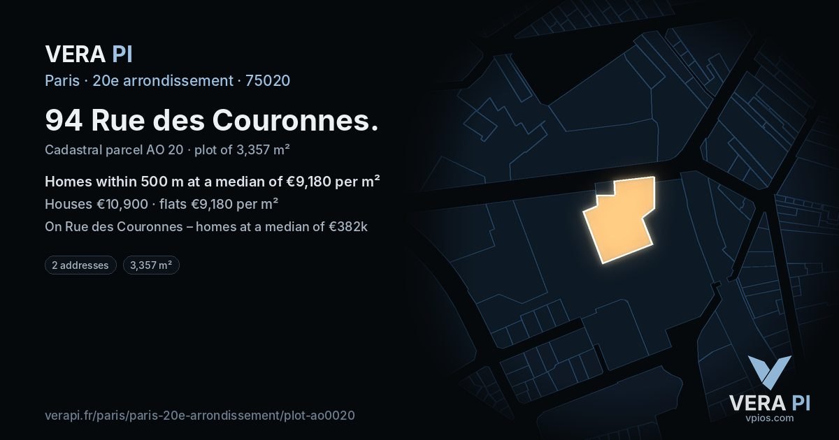 94 Rue des Couronnes, 20e arrondissement at night – the plot lit, the parcels around coloured by the prices near them