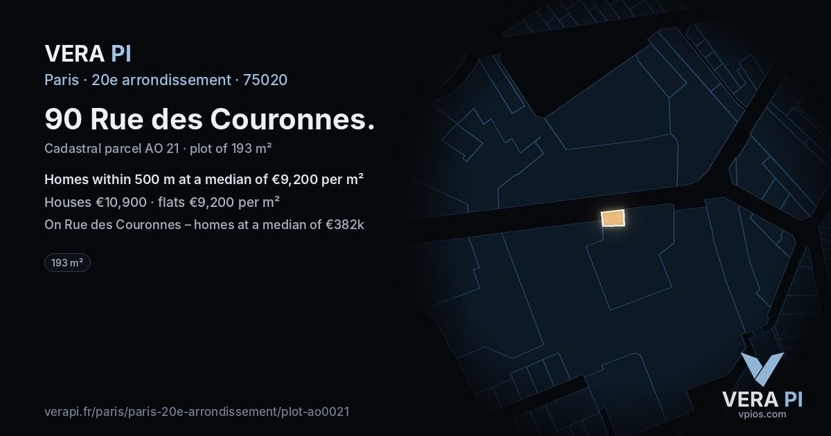 90 Rue des Couronnes, 20e arrondissement at night – the plot lit, the parcels around coloured by the prices near them