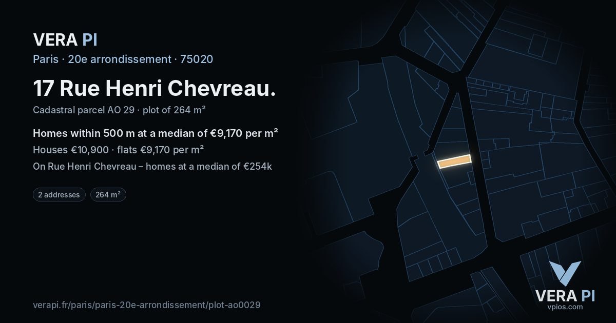 17 Rue Henri Chevreau, 20e arrondissement at night – the plot lit, the parcels around coloured by the prices near them