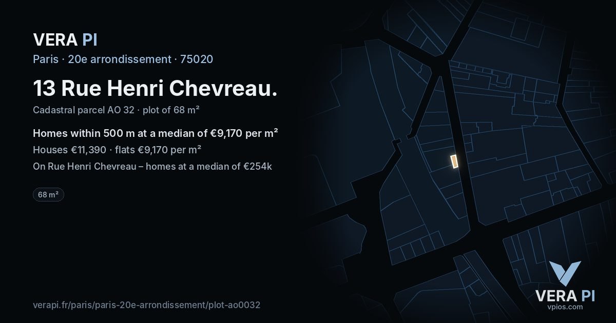 13 Rue Henri Chevreau, 20e arrondissement at night – the plot lit, the parcels around coloured by the prices near them