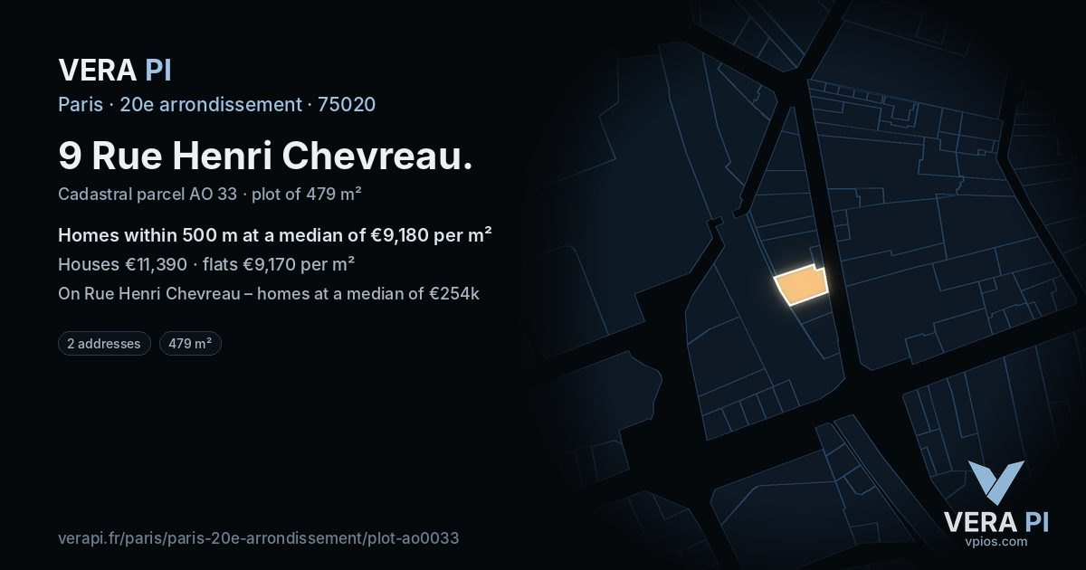 9 Rue Henri Chevreau, 20e arrondissement at night – the plot lit, the parcels around coloured by the prices near them