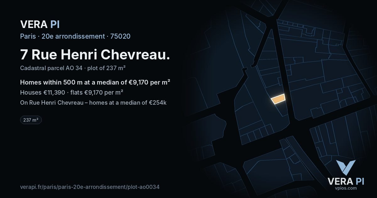 7 Rue Henri Chevreau, 20e arrondissement at night – the plot lit, the parcels around coloured by the prices near them