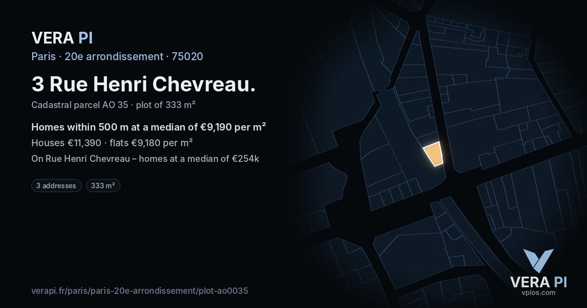 3 Rue Henri Chevreau, 20e arrondissement at night – the plot lit, the parcels around coloured by the prices near them