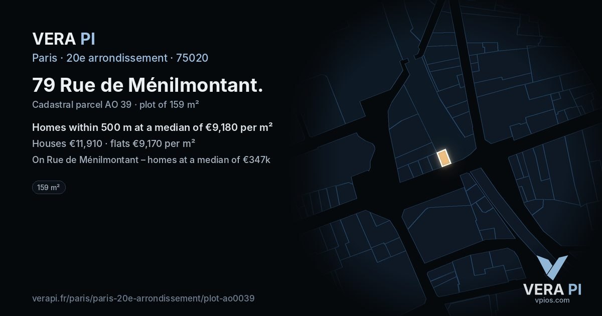 79 Rue de Ménilmontant, 20e arrondissement at night – the plot lit, the parcels around coloured by the prices near them