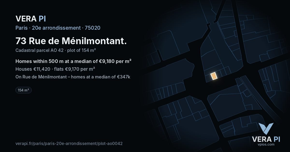 73 Rue de Ménilmontant, 20e arrondissement at night – the plot lit, the parcels around coloured by the prices near them