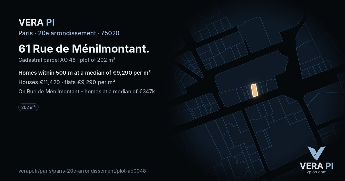 61 Rue de Ménilmontant, 20e arrondissement at night – the plot lit, the parcels around coloured by the prices near them