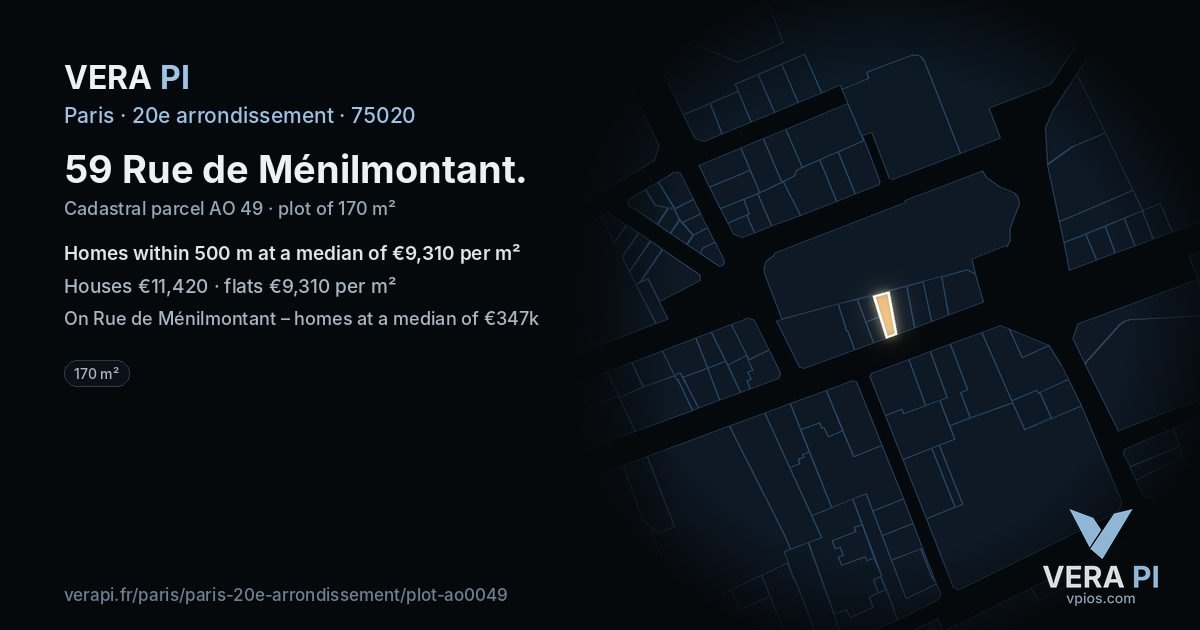 59 Rue de Ménilmontant, 20e arrondissement at night – the plot lit, the parcels around coloured by the prices near them