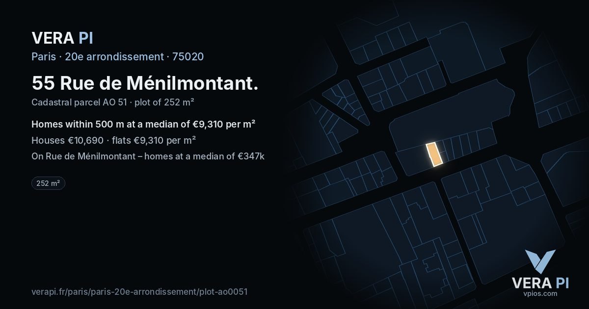 55 Rue de Ménilmontant, 20e arrondissement at night – the plot lit, the parcels around coloured by the prices near them