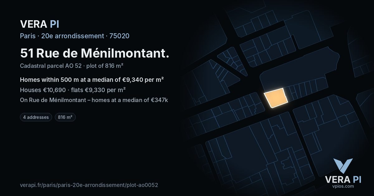 51 Rue de Ménilmontant, 20e arrondissement at night – the plot lit, the parcels around coloured by the prices near them