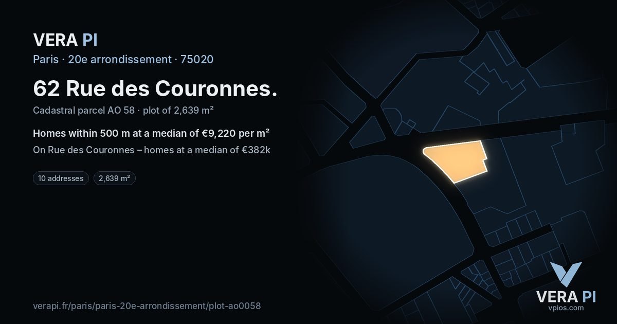 62 Rue des Couronnes, 20e arrondissement at night – the plot lit, the parcels around coloured by the prices near them