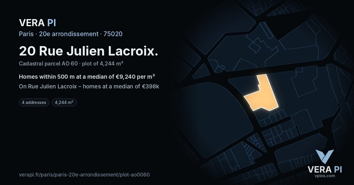 20 Rue Julien Lacroix, 20e arrondissement at night – the plot lit, the parcels around coloured by the prices near them