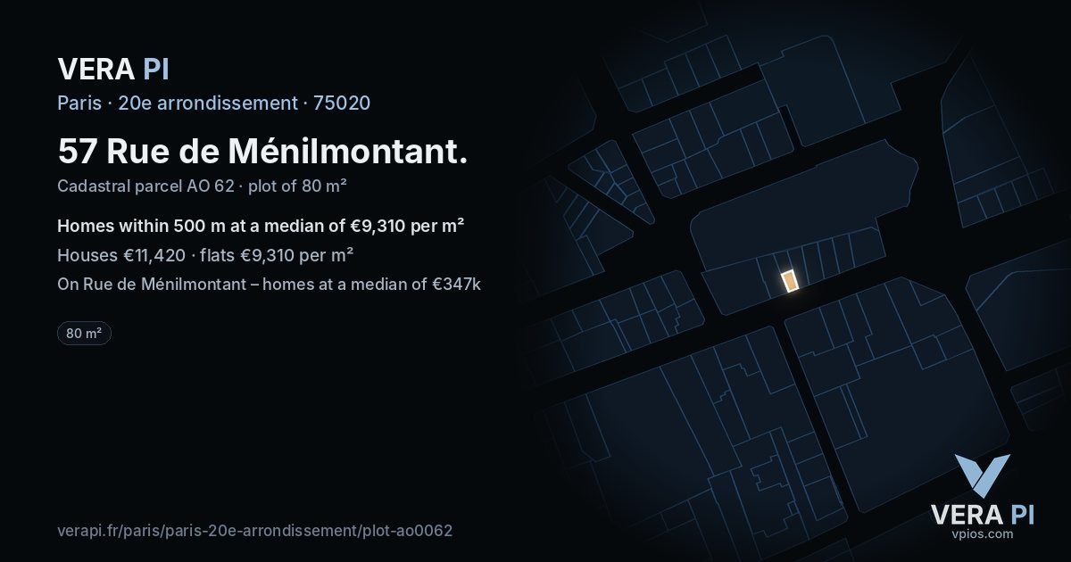 57 Rue de Ménilmontant, 20e arrondissement at night – the plot lit, the parcels around coloured by the prices near them