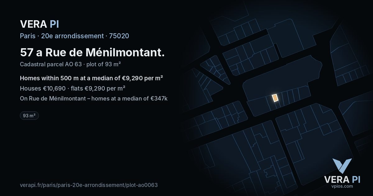 57 a Rue de Ménilmontant, 20e arrondissement at night – the plot lit, the parcels around coloured by the prices near them