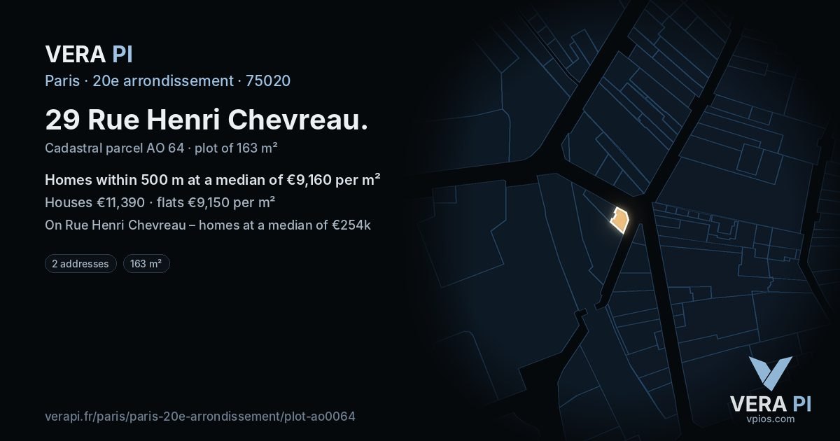 29 Rue Henri Chevreau, 20e arrondissement at night – the plot lit, the parcels around coloured by the prices near them