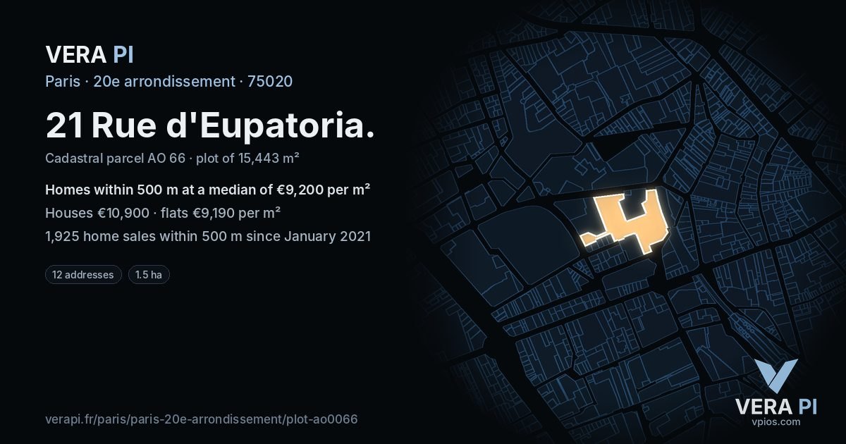 21 Rue d'Eupatoria, 20e arrondissement at night – the plot lit, the parcels around coloured by the prices near them