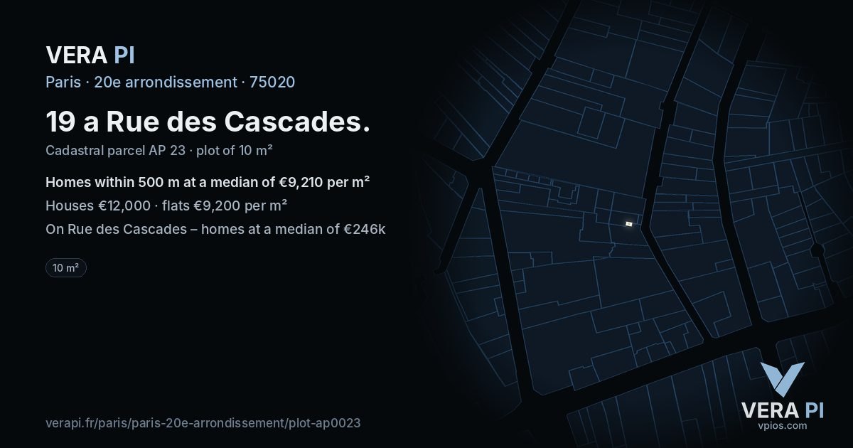 19 a Rue des Cascades, 20e arrondissement at night – the plot lit, the parcels around coloured by the prices near them