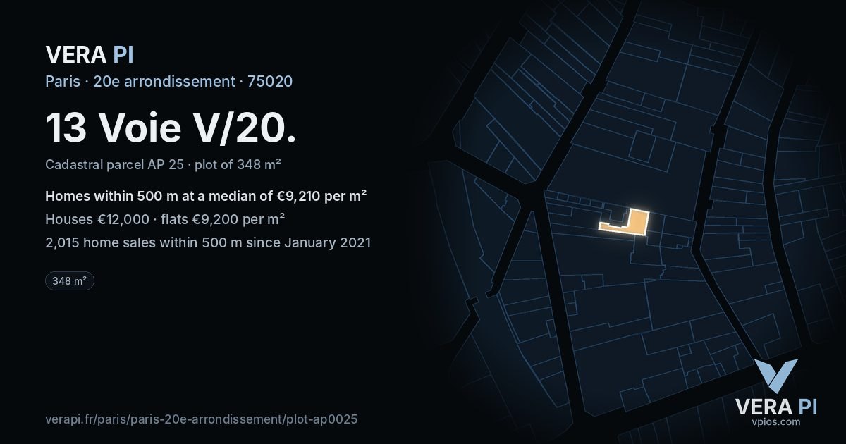 13 Voie V/20, 20e arrondissement at night – the plot lit, the parcels around coloured by the prices near them