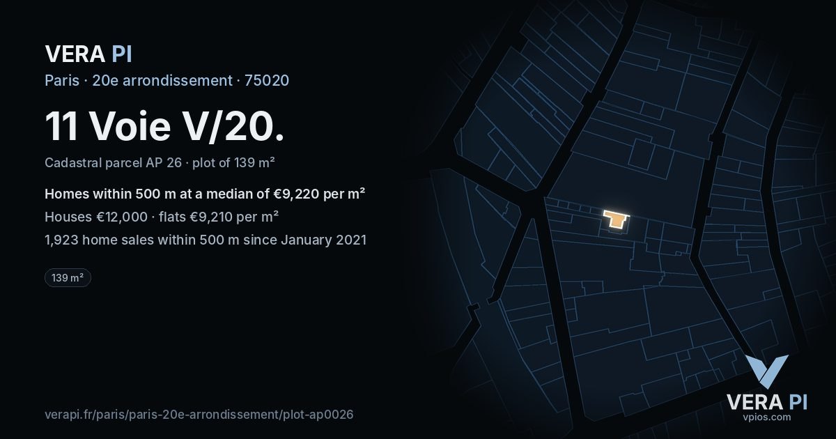 11 Voie V/20, 20e arrondissement at night – the plot lit, the parcels around coloured by the prices near them