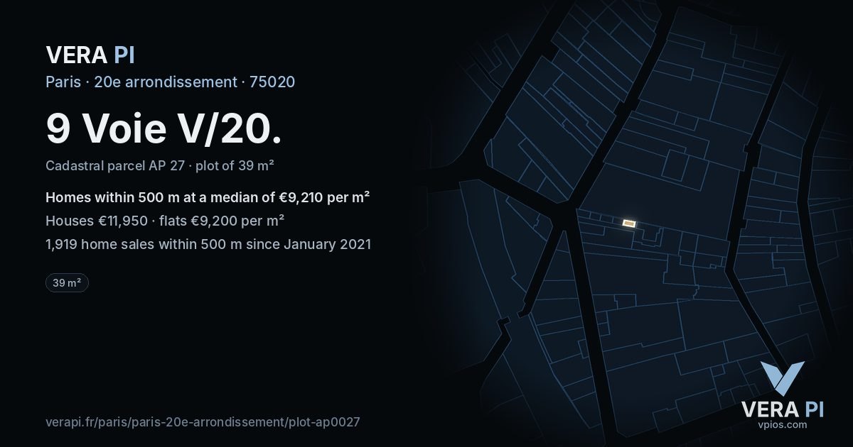 9 Voie V/20, 20e arrondissement at night – the plot lit, the parcels around coloured by the prices near them