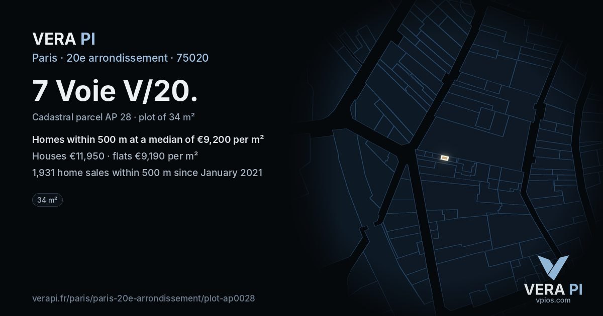 7 Voie V/20, 20e arrondissement at night – the plot lit, the parcels around coloured by the prices near them