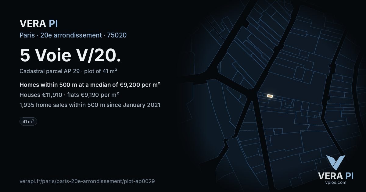 5 Voie V/20, 20e arrondissement at night – the plot lit, the parcels around coloured by the prices near them