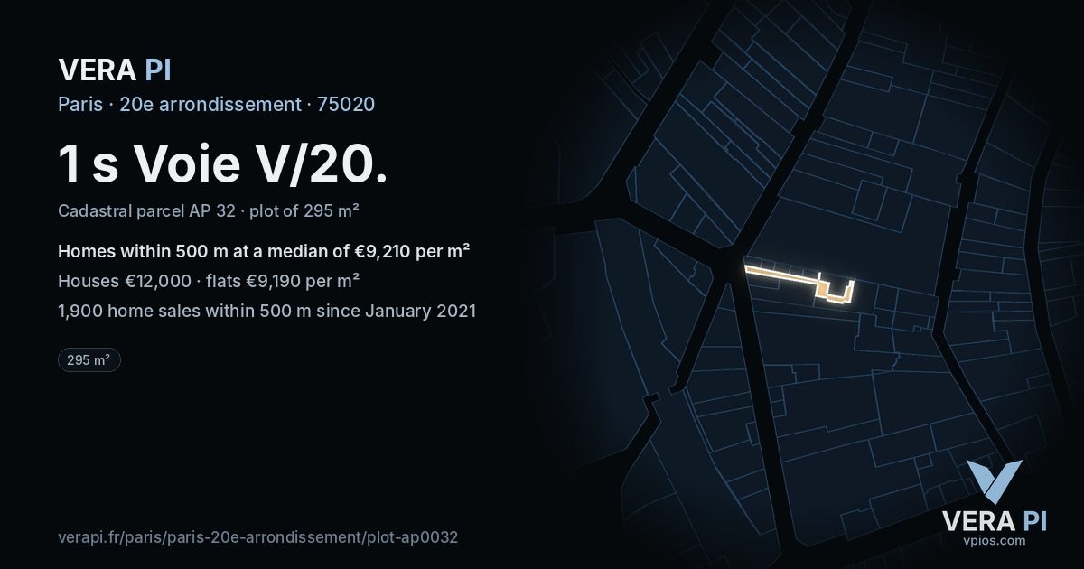 1 s Voie V/20, 20e arrondissement at night – the plot lit, the parcels around coloured by the prices near them