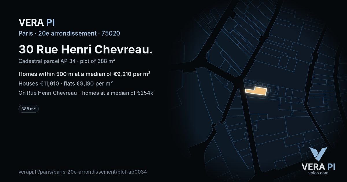 30 Rue Henri Chevreau, 20e arrondissement at night – the plot lit, the parcels around coloured by the prices near them