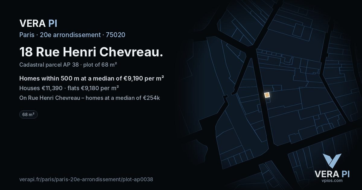 18 Rue Henri Chevreau, 20e arrondissement at night – the plot lit, the parcels around coloured by the prices near them